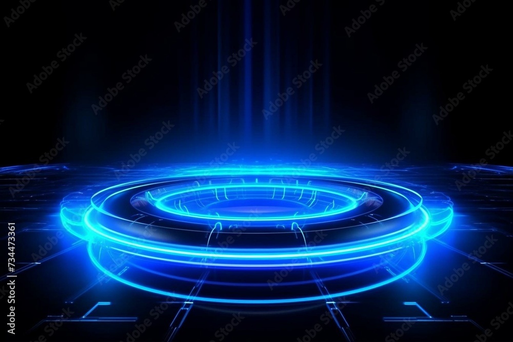 Blue hologram emitting light rays, futuristic interface, glow portal. Technology background suitable for tech titles, news headlines and business intros. Generative AI - obrazy, fototapety, plakaty 