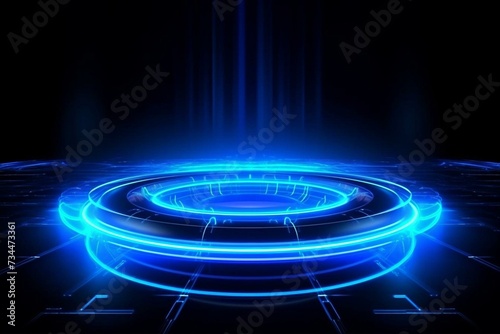 Blue hologram emitting light rays, futuristic interface, glow portal. Technology background suitable for tech titles, news headlines and business intros. Generative AI