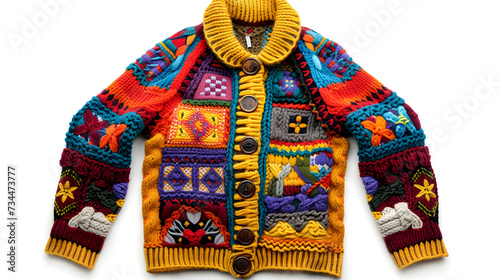 Colorful Knitted Wool Jacket On Isolated White Background, Generative Ai