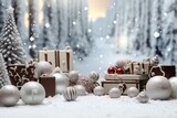 Winter-themed scene with Christmas decorations and chocolate accents on a snowy background. Generative AI