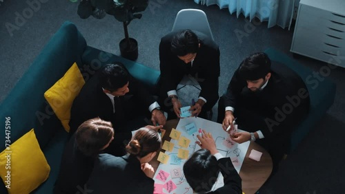 Top view of professional business people making mind map and brainstorm marketing idea by using sticky notes and writing board. Group of start up team working together to plan strategy. Directorate. photo