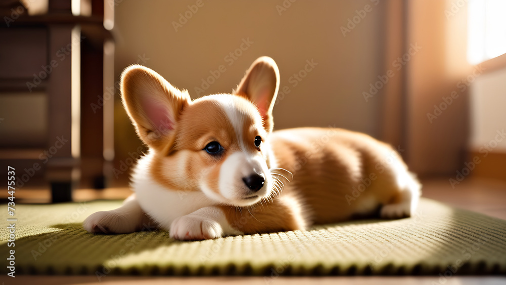 sad corgi puppy lying on the mat, cute puppy
