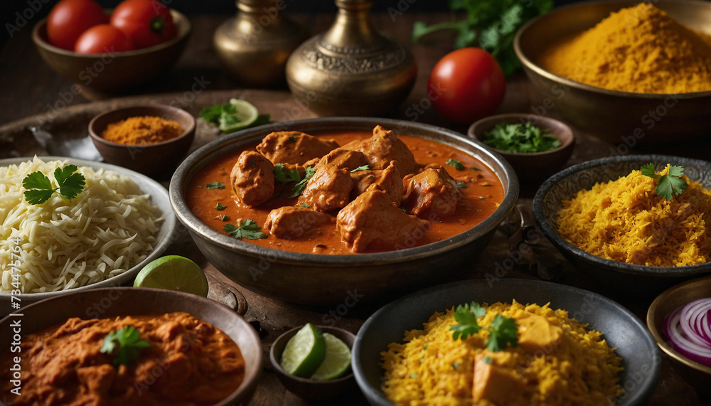 Photos that tell the story of the ingredients used in butter chicken, from vibrant spices like turmeric and garam masala to creamy butter, ripe tomatoes, and succulent chicken on a traditional plate 