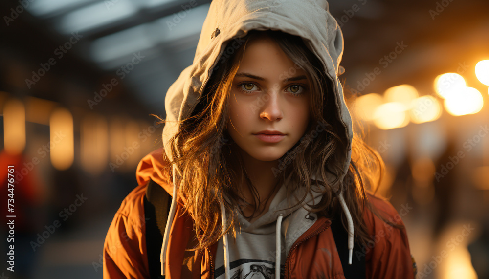 Young woman in hooded shirt smiling, looking at camera confidently generated by AI