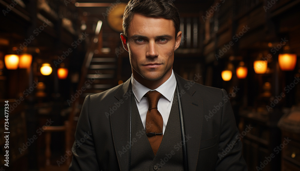 Confident businessman in suit looking at camera, successful and professional generated by AI Confident businessman in suit looking at camera, successful and professional generated by AI