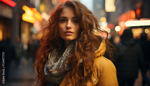 Young woman walking in the city, looking at camera, smiling generated by AI