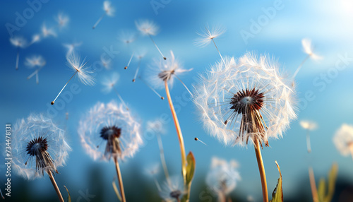 Fluffy dandelion seed blowing in the summer meadow breeze generated by AI