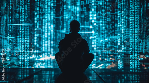 A person sits in contemplation against a backdrop of glowing digital data, symbolizing the intersection of humanity and technology.