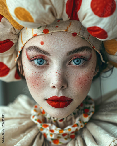 A Beautiful woman Harlequin Pierrot Clown Girl in Full Costume by modern-vintage style, artistic makeup and colorful hat in soft orange tones. Portrait, Carnival costumes