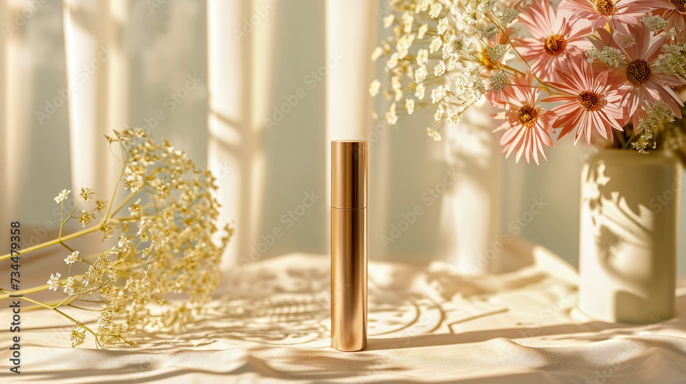 a golden cosmetic tube against a light pastel color minimal shape flower background. natural look in minimal environment, captivating still life scene perfume or makeup. Copy space