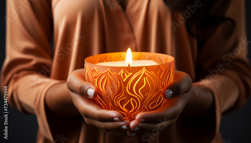 Hand holding candle, meditating in tranquil candlelight, symbolizing spirituality generated by AI