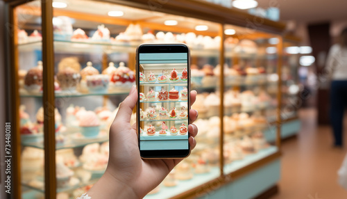 Customer choosing groceries in supermarket using smartphone for payment generated by AI