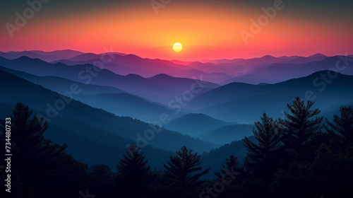 Colorful landscape - mountains - sundown - sunup - in the style of Western North Carolina sunsets 