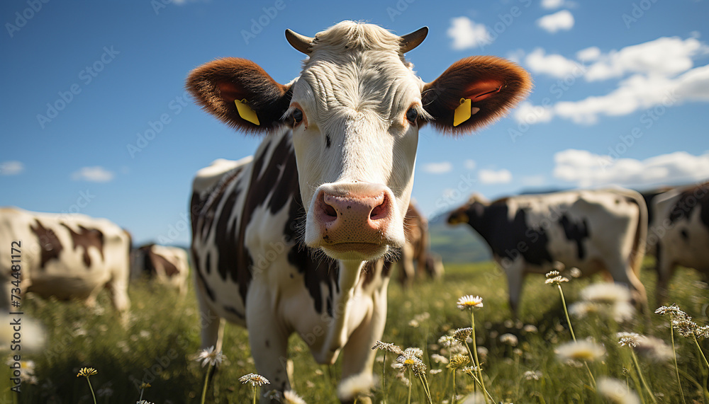 Cows grazing in green meadow, enjoying fresh organic dairy generated by AI Cows grazing in green meadow, enjoying fresh organic dairy generated by AI