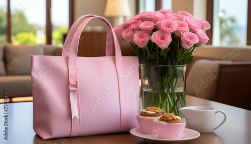 Elegant pink vase with flowers on table, indoors, close up generated by AI