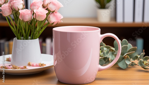 Fresh pink tulip in a vase on a wooden table generated by AI