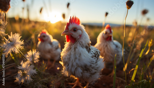 Young chickens graze in a beautiful green meadow at sunrise generated by AI © Gstudio