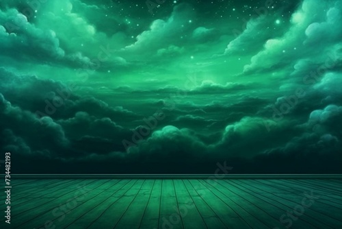 rough scenery with atmospheric lights. emerald sky backdrop with room for text. Generative AI