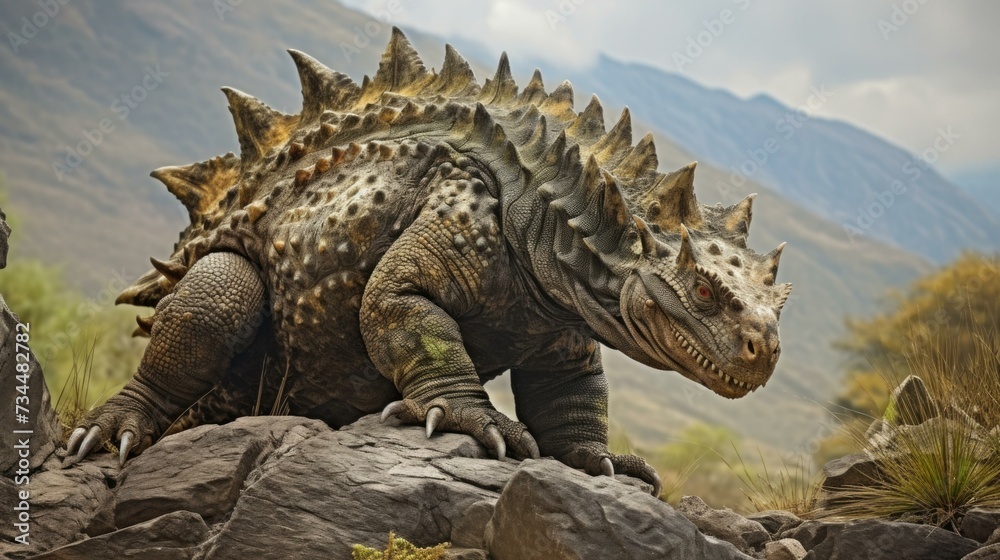 An image of a dinosaur on a rocky hill. Generative AI. An image of a dinosaur on a rocky hill. Generative AI.