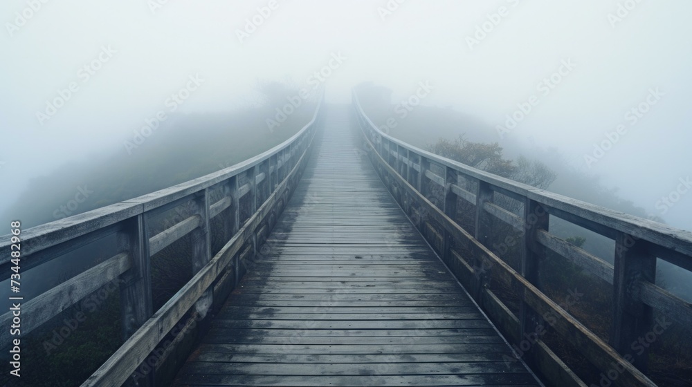 A wooden bridge leads to a foggy mountain. Generative AI.