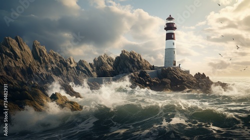 A lighthouse on the rocks in the ocean with waves. Generative AI.