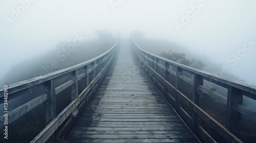 A wooden bridge leads to a foggy mountain. Generative AI.