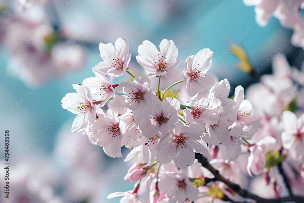 Pink sakura flowers blooming on tree branch in cherry blossom season. Delicate pink sakura blossoms in spring. Pink sakura flowers in full bloom in spring. Nature floral background.