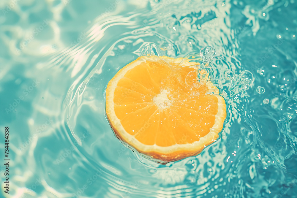 Orange slice in the pool, abstract compositions representing the energy and joy of summer Orange slice in the pool, abstract compositions representing the energy and joy of summer