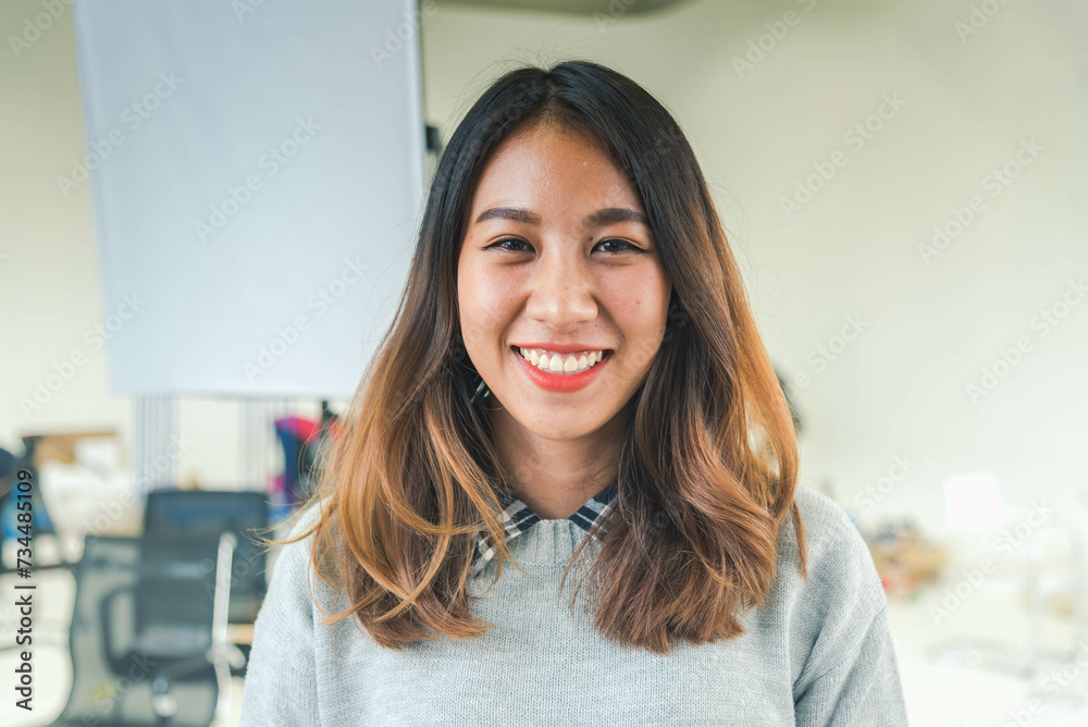 Portrait Asian women happiness smiling laugh happy person looking at camera. Beautiful happy girl portrait joy cheerful. Beauty women smile laughing. Confidence females candid shot smiling face.