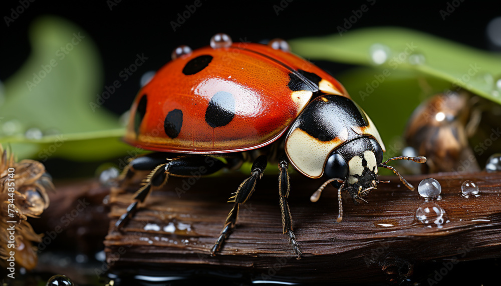 A small ladybug crawls on a wet green leaf generated by AI A small ladybug crawls on a wet green leaf generated by AI