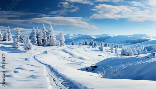 Tranquil winter landscape snowy mountains, blue sky, and frozen trees generated by AI