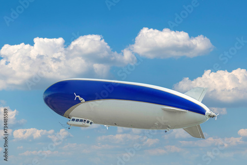 An airship with people on an excursion flies across the cloudy sky.