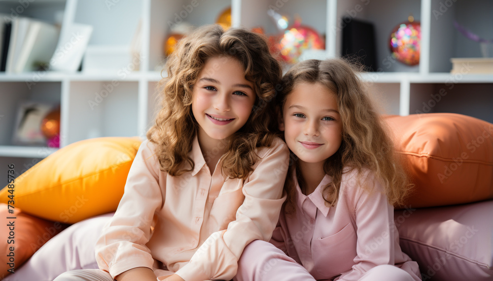 Two cute girls smiling, playing and embracing in a cozy living room generated by AI Two cute girls smiling, playing and embracing in a cozy living room generated by AI