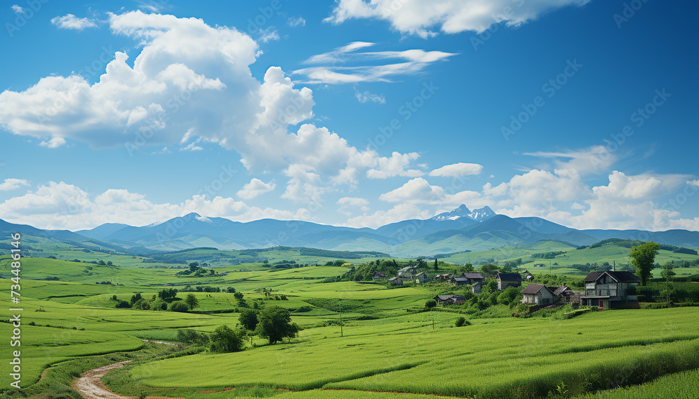 Idyllic rural landscape  green meadows, majestic mountains, and clear skies generated by AI