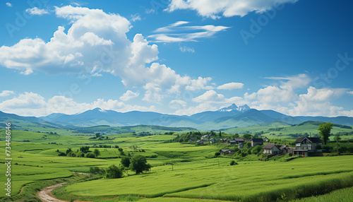 Idyllic rural landscape green meadows, majestic mountains, and clear skies generated by AI