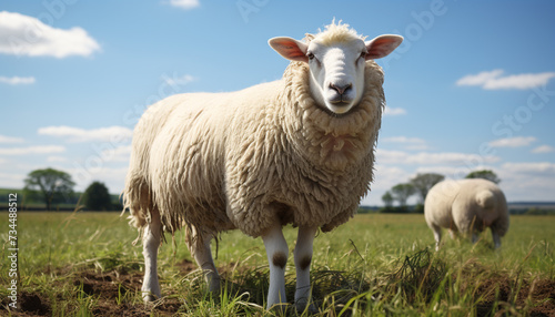 Cute lamb grazing in green meadow, looking at camera generated by AI