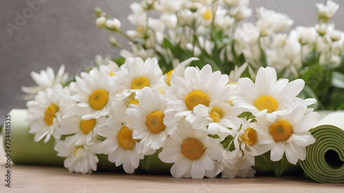 Beautiful daisies and other flowers on a white table. 