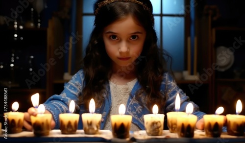 A little girl is holding candles in front of a table. Generative AI.