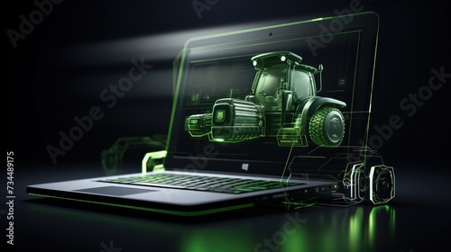 A Vector image of 3D illustration of tractor  smart farming concept on laptop advertising online farm management. Online farming control technology.