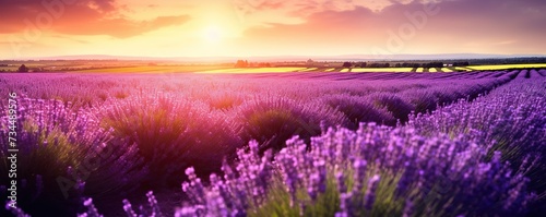 Panoramic landscape lavender field at sunrise or sunset