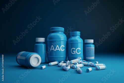 Blue ADC with 4 drugs linked to IgG on blue background; 3D render. Generative AI photo