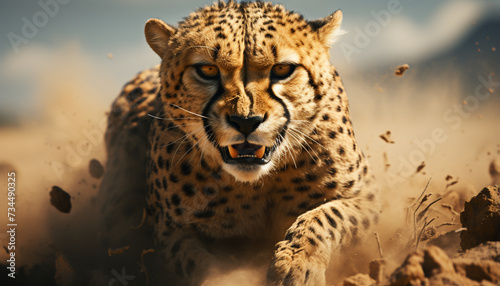 Majestic cheetah walking in African wilderness, looking at camera generated by AI