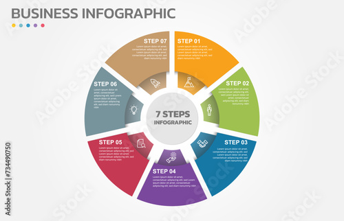 Visual data presentation. Cycle diagram with 7 options. Pie Chart Circle infographic template with 7 steps, options, parts, segments. Business concept. Marketing infographic vector illustration.