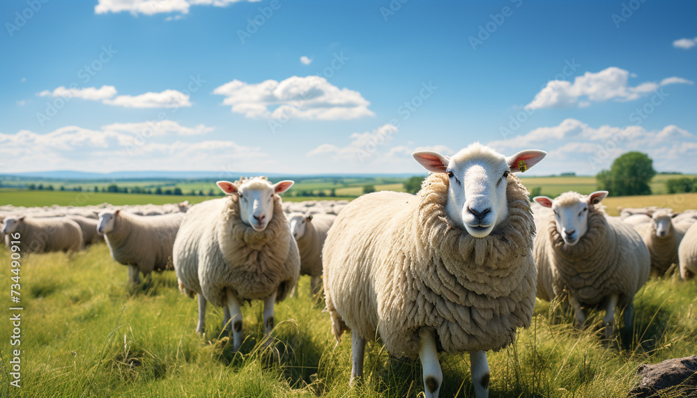 Obraz premium Cute lamb grazing in green meadow, surrounded by flock generated by AI