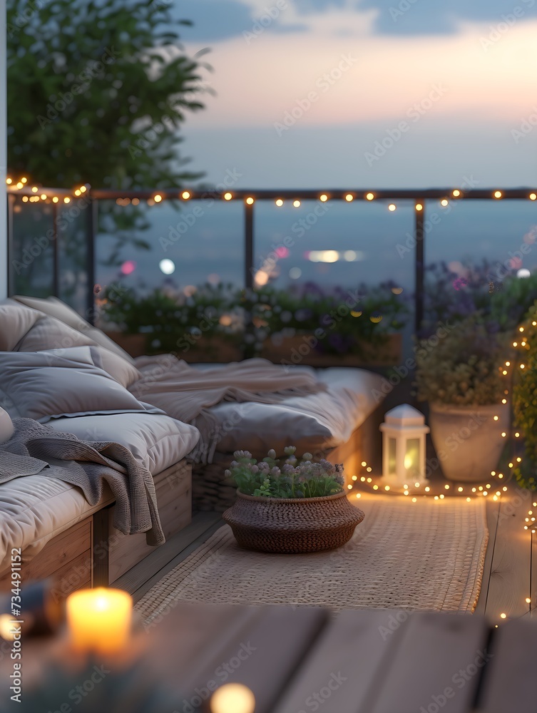 A meticulously designed cozy outdoor roof terrace serves as a stylish oasis of comfort against the urban skyline