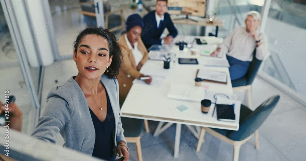 Business people, woman and writing on whiteboard for coaching, presentation or training staff at office. Young female person, mentor or leadership in conference for planning or strategy at workplace