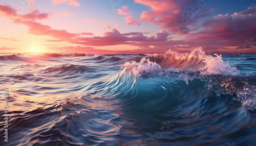 Sunset over the water, waves crashing, nature tranquil beauty generated by AI