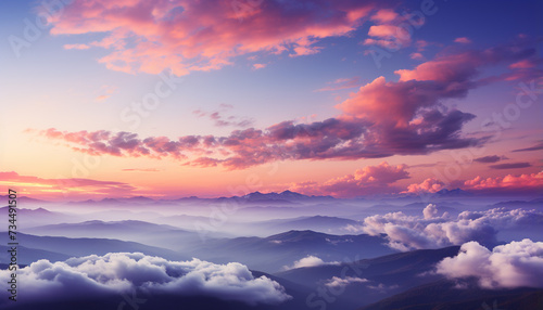 Sunset over mountain peak creates a tranquil, idyllic, and dramatic scene generated by AI