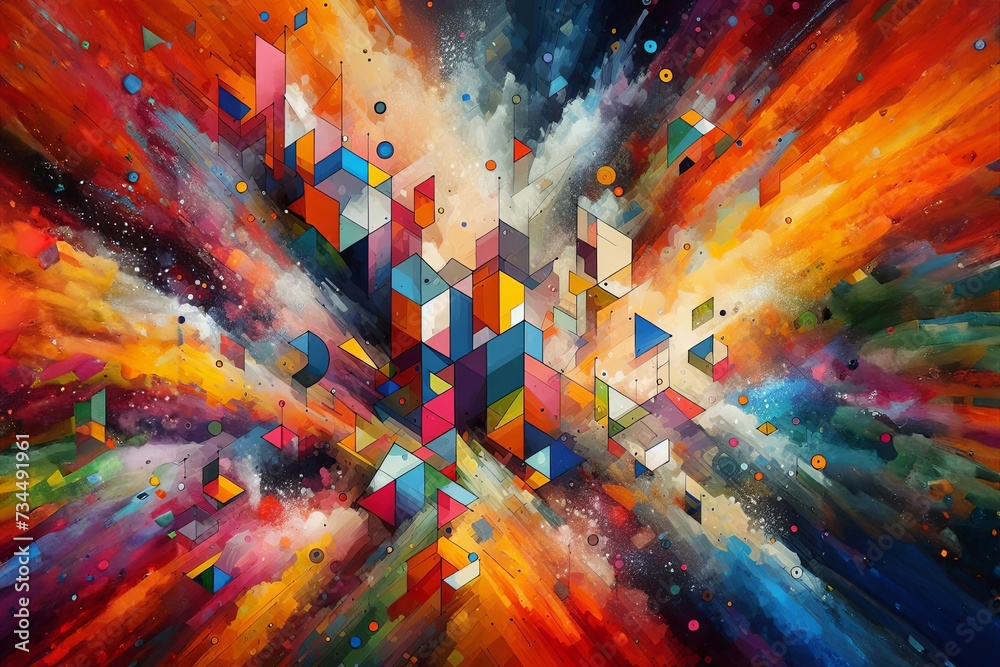 Abstract color background consisting of powder and various geometric figures and shapes. Illustration by Generative AI.