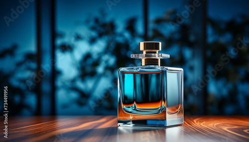 Luxury perfume bottle on wooden table, elegance in a bottle generated by AI photo
